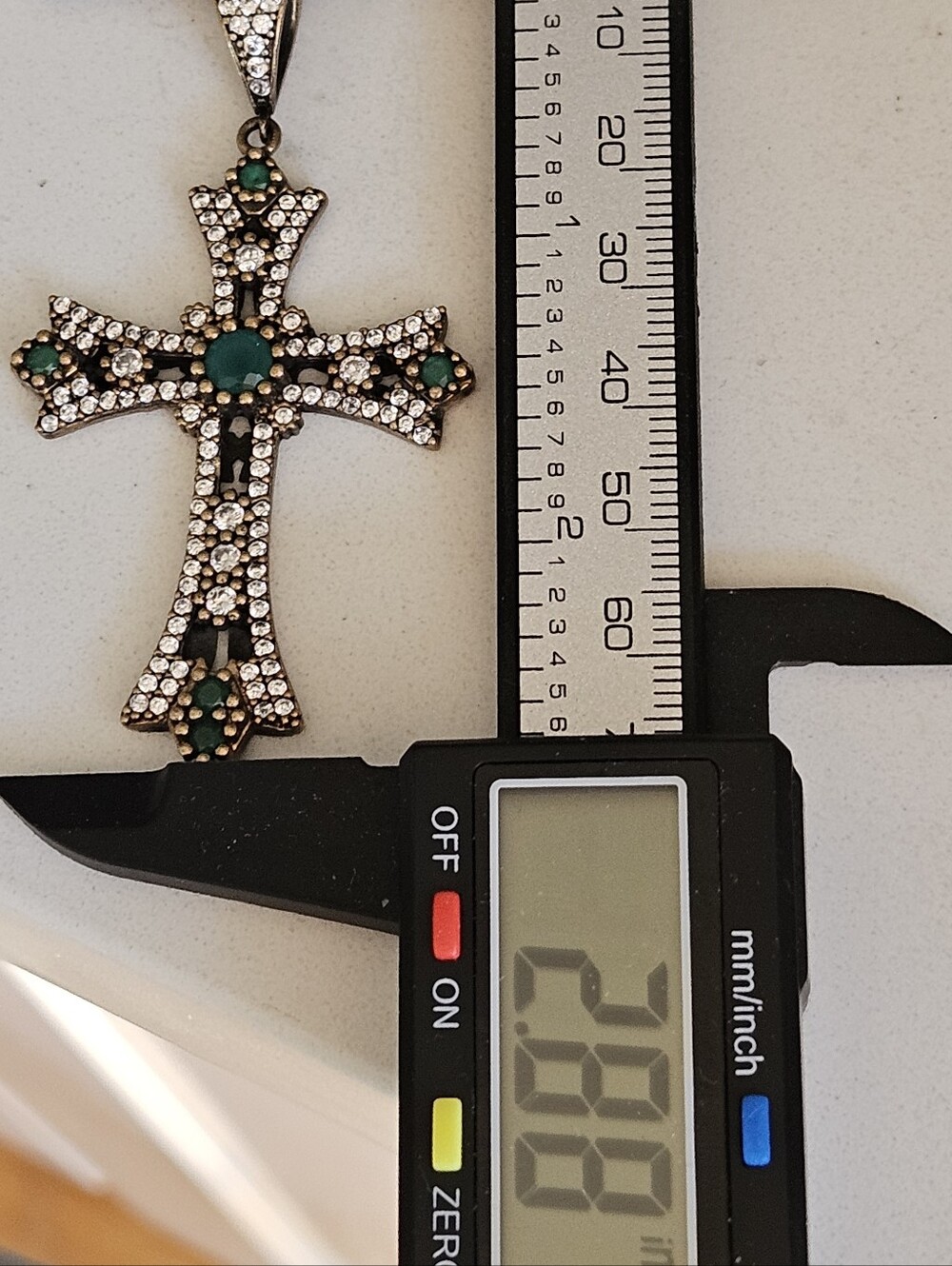 Vintage Two-Tone 925 Sterling Gold Emerald Green Stone Statement Cross Pendant - Picture 5 of 5